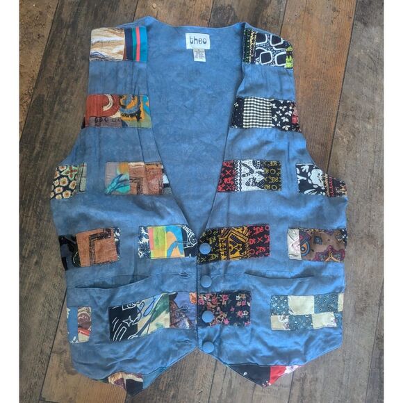 Vintage Theo Patchwork Vest - Boho Artsy 90s Sleeveless Button-Up - Size S - Picture 2 of 4
